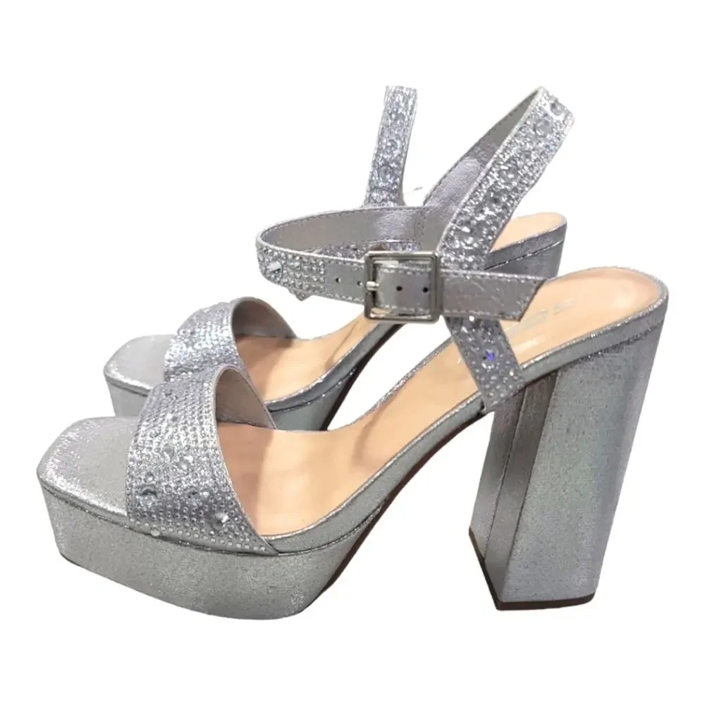 Silver Rhinestone Studded Platform Strappy Heels